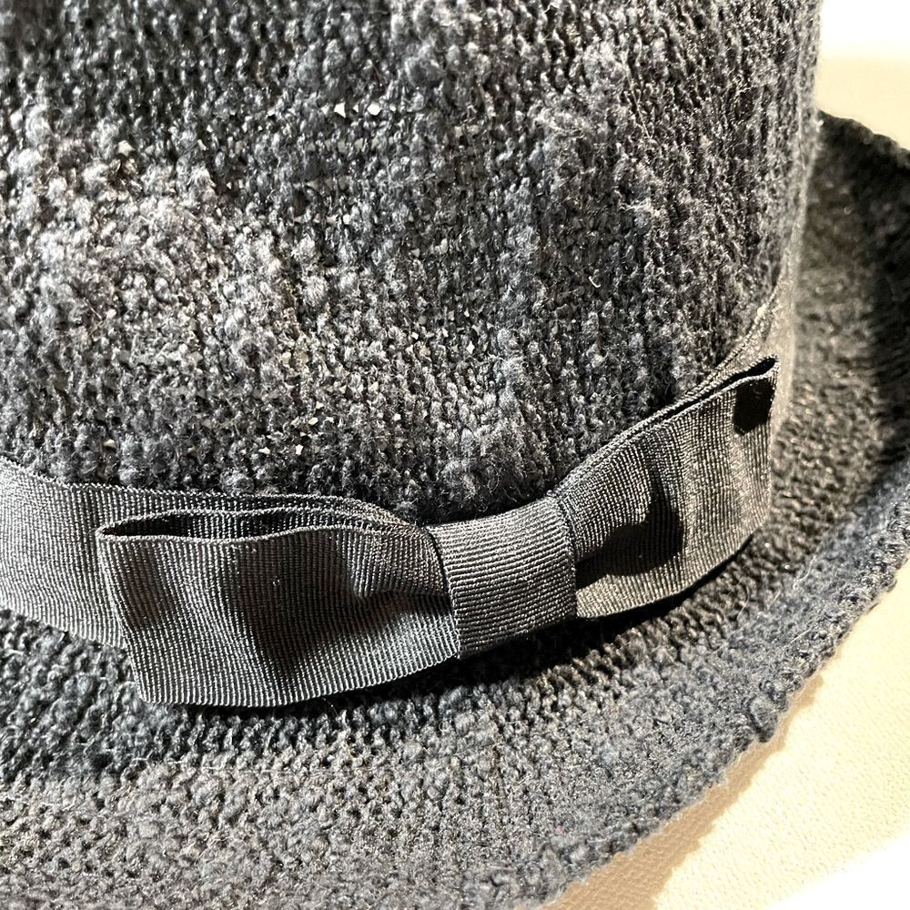Navy woven fedora with grosgrain ribbon bow